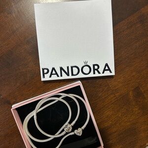 Pandora Silver Heart Clasp Snake Chain Charm Necklace and Bracelet